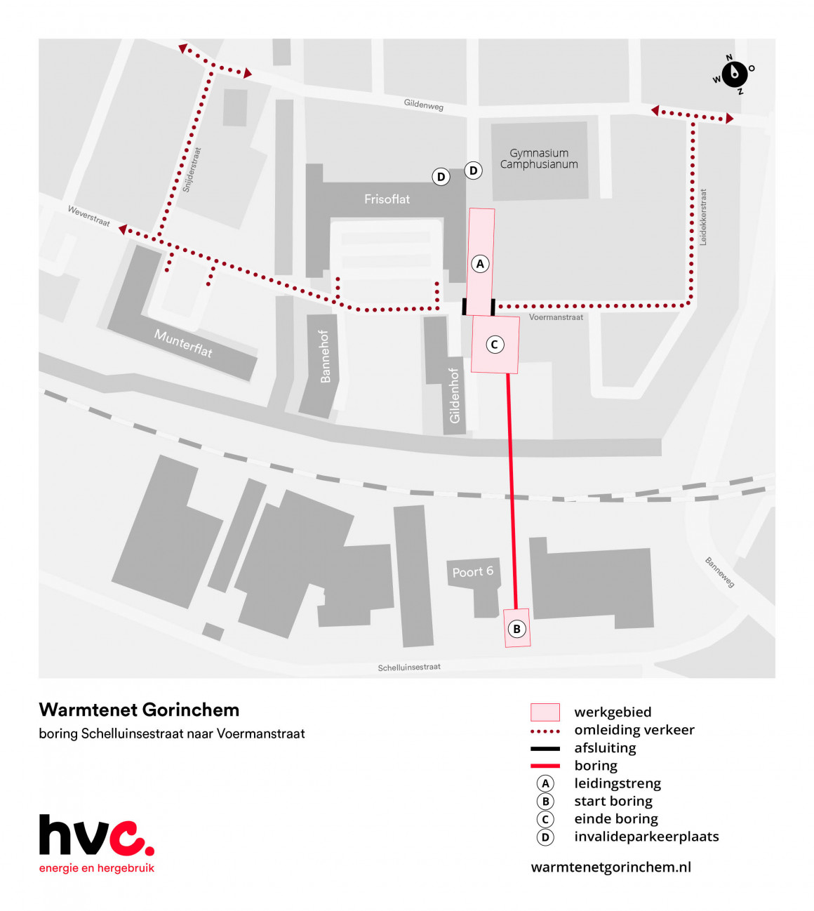 Plattegrond met daarop de locatie van de werkzaamheden in de Voermanstraat in Gorinchem