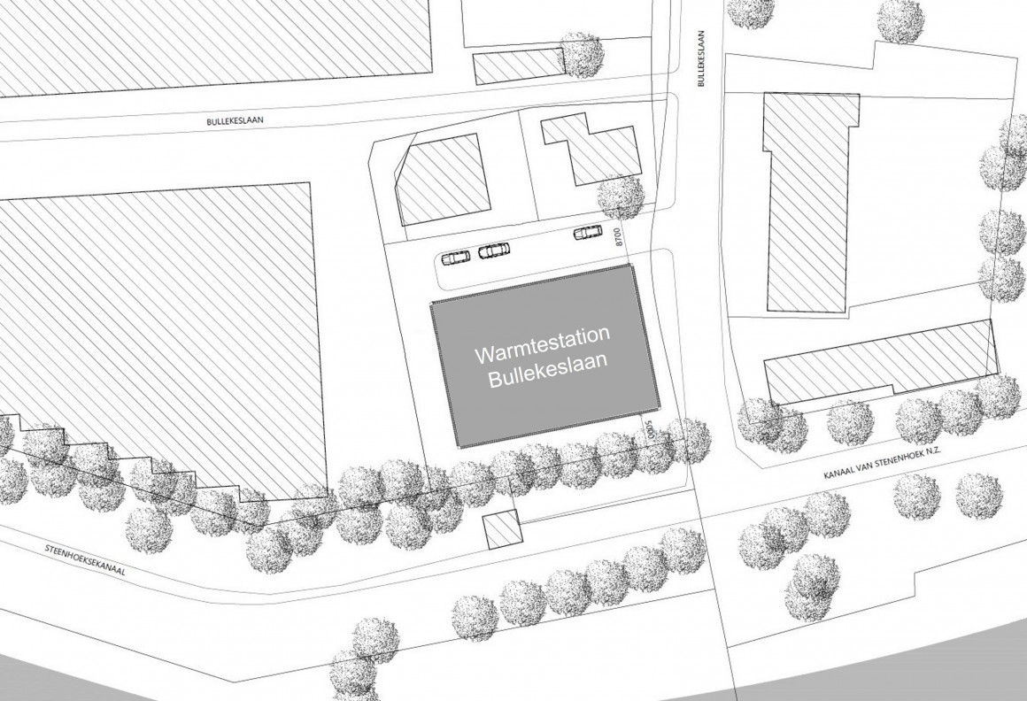 Plattegrond met daarop de locatie in de Bullekeslaan waar het warmtestation wordt gebouwd