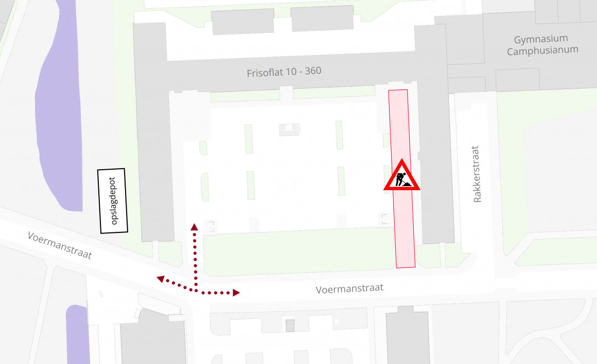 Plattegrond met daarop de locatie van de werkzaamheden in de parkeerplaats van de Frisoflat.